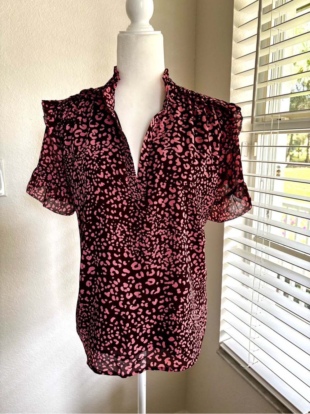 J. Crew Peach and Brown Printed Ruffle Sleeve V-Neck Blouse